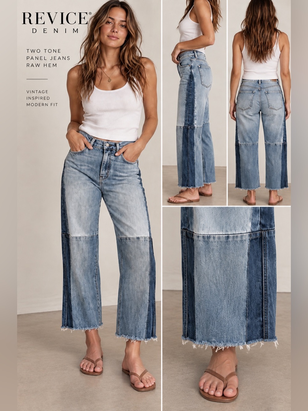 REVICE Two-Tone Panel Cropped Jeans in Light and Medium Blue